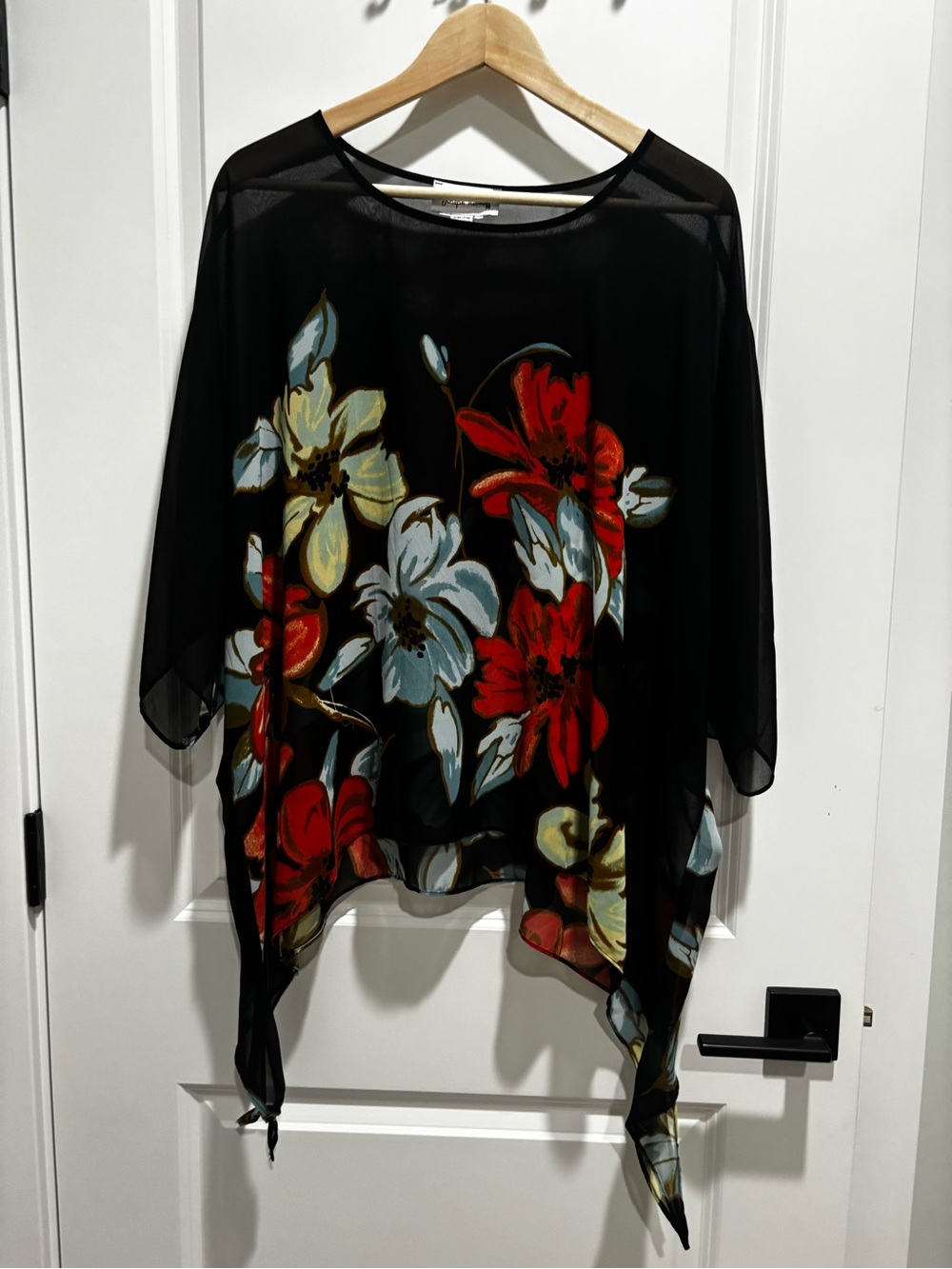 Joseph Ribkoff Black Floral Sheer Tunic with Red & Cream Blooms